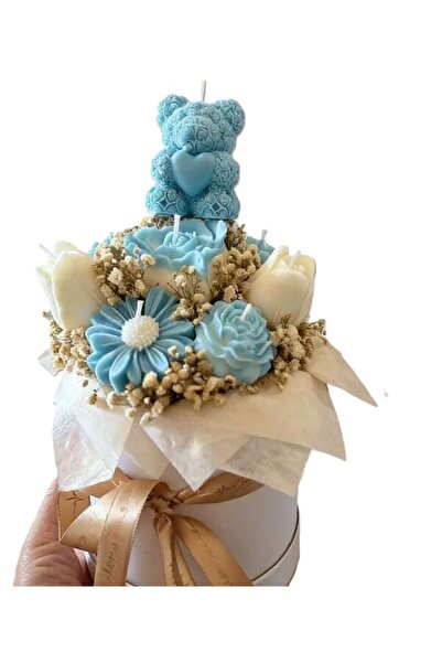 victiny Floral arrangement of 9 soy wax flowers, a wax teddy bear and natural...