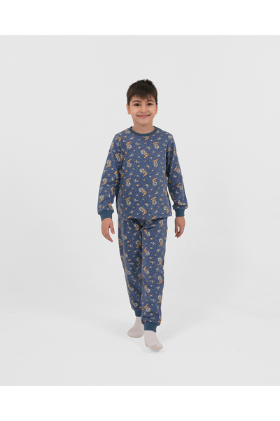 Nappyboo erkek çocuk uzun kollu pijama takımı (astronot dinazor) desenli pamu...