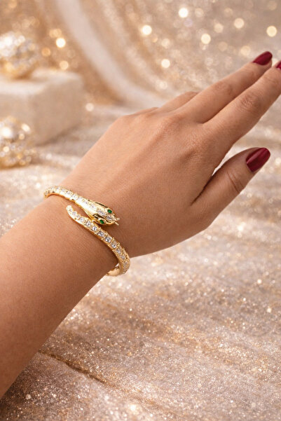 staınless steel Premium Gold Yılan Figürlü Taşlı 316L Paslanmaz Çelik Kelepçe...