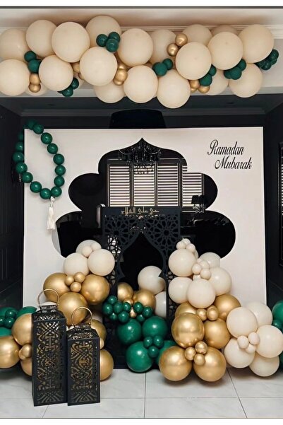 Çemrek Süs Parti Dark Green Gold Chrome Retro White Balloon Chain Set of 100