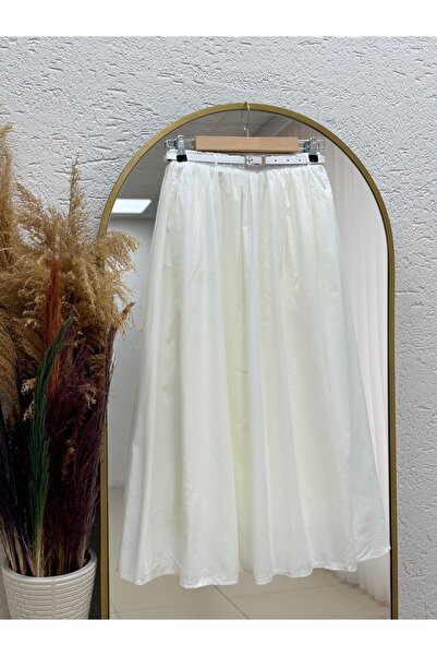 MİHRA STORE Bilge Büzgülü Kemerli Vual Etek-EK747 Ekru