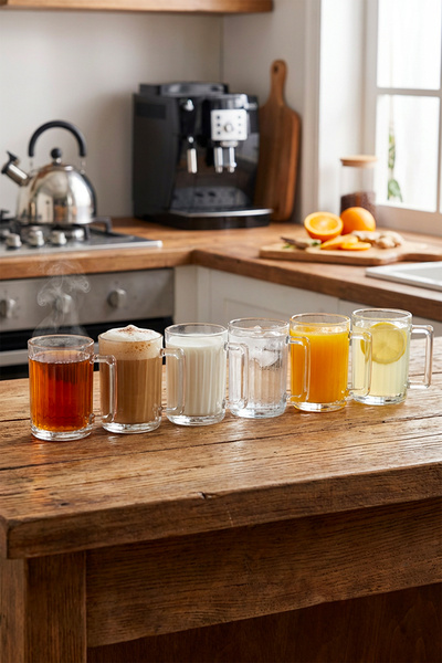 MEST Set of 6 Glass Mugs with Striped Handles – Large Size Glass Tea Coffee L...