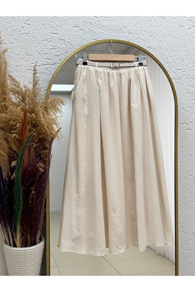 MİHRA STORE Bilge Büzgülü Kemerli Vual Etek-EK747 Krem