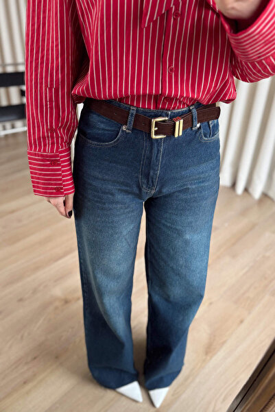 Sue Store Dark Blue Belt Pack Wide-Leg Premium Jeans