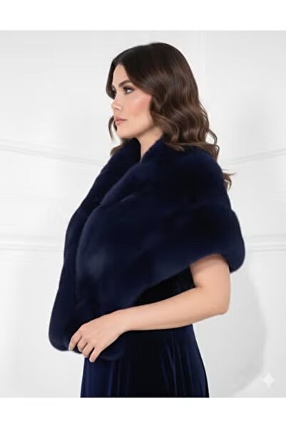 FULLJOY A luxurious navy blue fur winter shawl for women, a scarf that adds a...