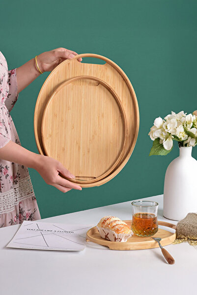 Vadi Round Bamboo Tray Strappy Breakfast Serving Tray Set of 3 Natural Wood P...