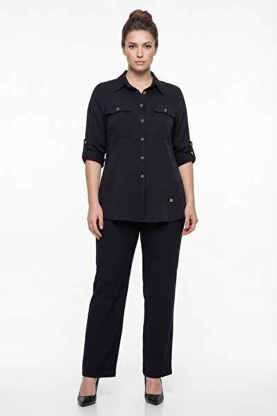 EXİTLİNE Women's Black Summer Elastic Waist Buttoned Double Pocketed Top and ...