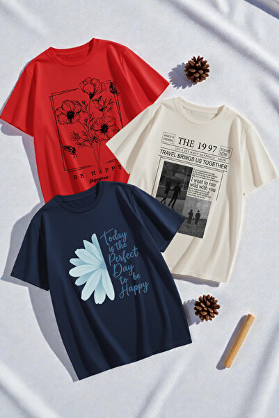 uyguntarz Unisex Mixed Printed T-Shirt Set – 3-Pack Crew Neck Casual T-Shirts