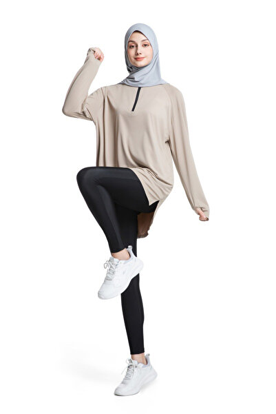 Athxora Modest Workout Top Women – Long Sleeve Loose Fit, Full Coverage (Khaki)