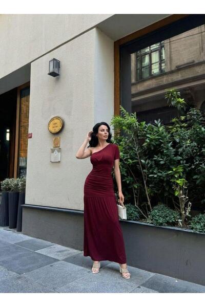 Modafeminen Burgundija maksi haljina na jedno rame 583010