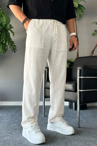 COMBİNE MİCHAİL Men's Casual Summer White Loose Linen Pants