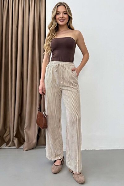 ARYDY Women's Waterway Striped Casual Cream Trousers with Thread Detail