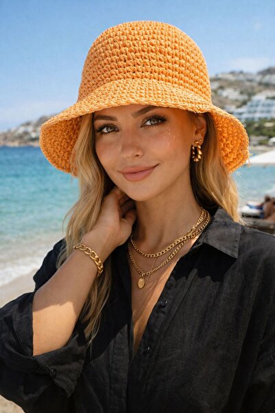 BALIENTE Orange Hand Knitted Straw Bucket Women's Hat