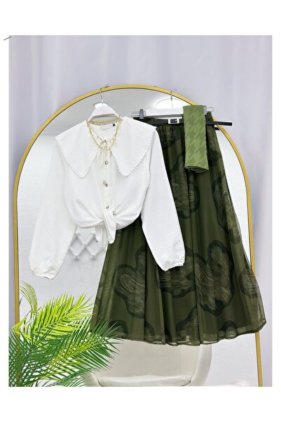 YEDİLALE Digitally Printed Ke Belt Chiffon Skirt, Festive Collar Shirt, Doubl...