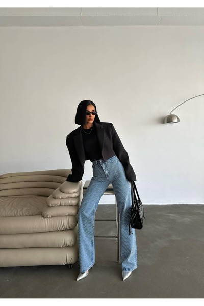 GLAMMOSS L'Atelier High Waist Mini Diamond Stone Embroidered Palazzo Jeans