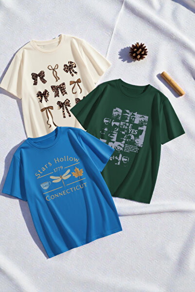 uyguntarz Unisex Mixed Printed T-Shirt Set – 3-Pack Crew Neck Casual T-Shirts