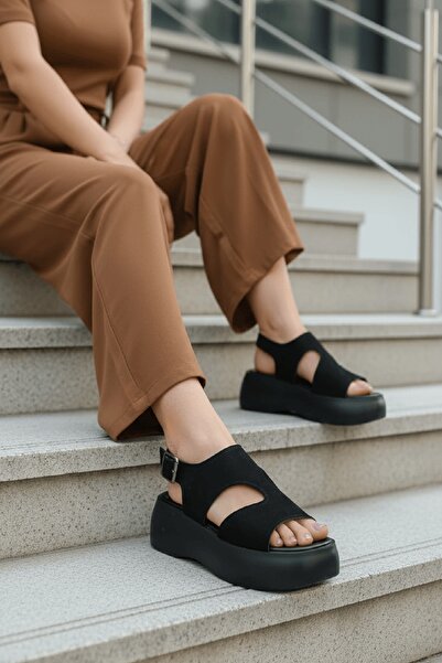 DİVOLYA Zango Black Suede Platform (6 cm Heel) Round Toe Daily Sandals