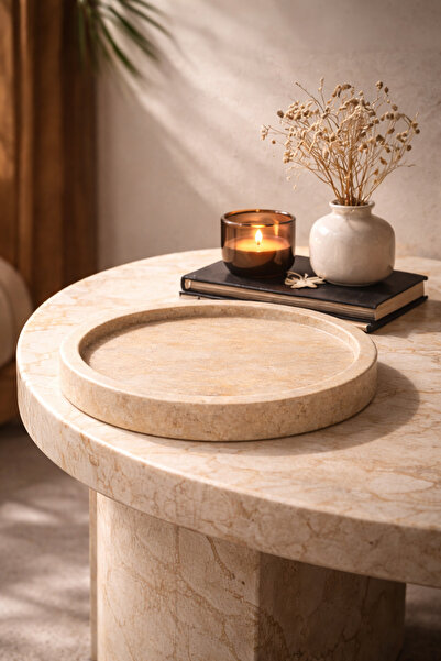 Marbello 25 cm Masif Traverten Blok Mermer Tasarım Tepsi 3 cm El İşçiliği