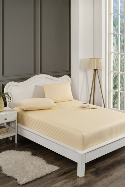 Naturosa Striped Satin Elastic Double Cream Bed Sheet Set - 40 cm - 2 Pillowc...