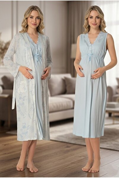 BLACKMORE Women's Blue Lace Detailed Patterned Cotton Piece Maternity Nightgo...