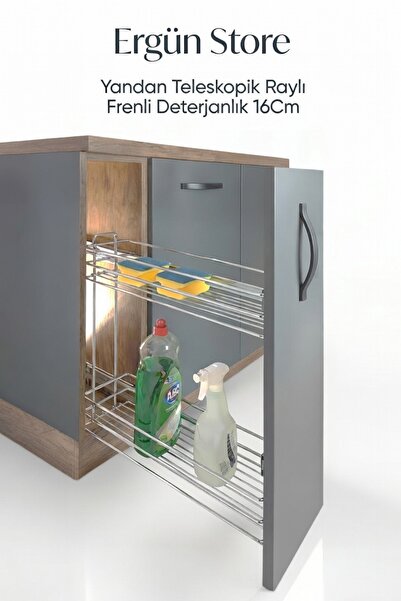 Ergün 2 Katlı Yandan Teleskopik Raylı Frenli Deterjanlık 16 cm Çok Amaçlı Düz...