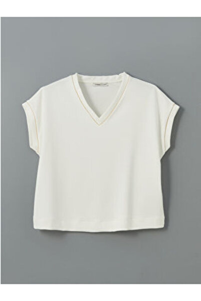 LC Waikiki Modanova Sezon Ecru V-Neck Oversized Women's T-Shirt