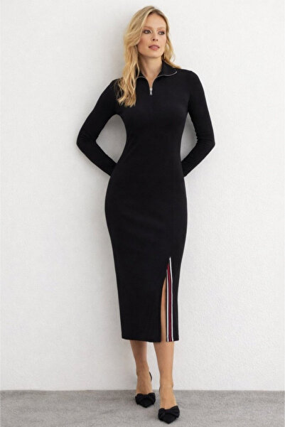 Modayakamoz New Season Women's Long Sleeve Turtleneck Front Zipper Slit Midi ...