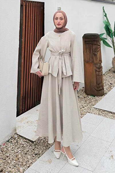 lamelif Lace-Up Skirt-Blouse Two-Piece Set Beige