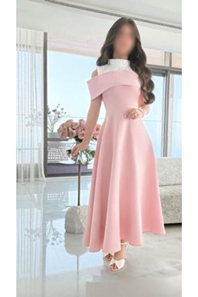zelia Pink Evening Dress with Off-Shoulder Design and Elegant Lace Details
