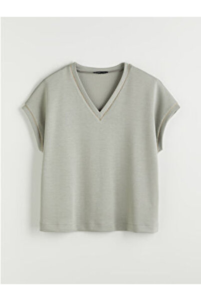 LC Waikiki Modanova Sezon Khaki V-Neck Oversized Women's T-Shirt