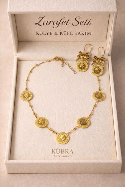 Kübra Accessories BEŞİ BİR YERDE ÇEYREK KOLYE VE KÜPE SET 14K ALTIN KAPLAMA A...