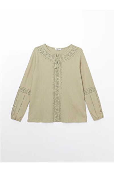 LC Waikiki Modanova Sezon Khaki Tie-Detail Women's Blouse with Collar Flowers