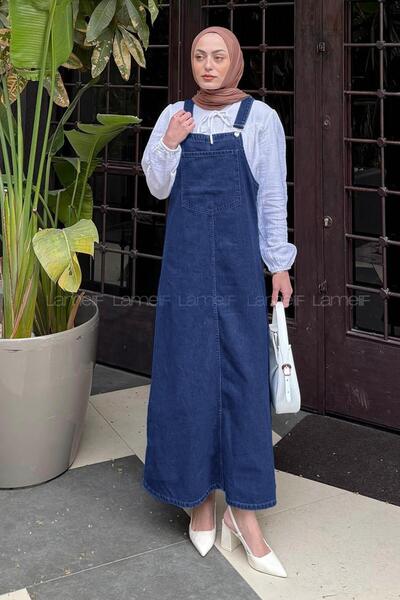 lamelif Fata cu detaliu la buzunar denim Salopet Elbise Spălare la zăpadă