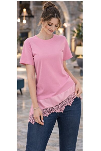 SPORTİVEA Asymmetrical Cut Oversized Blouse in Satin with Lace Combinations