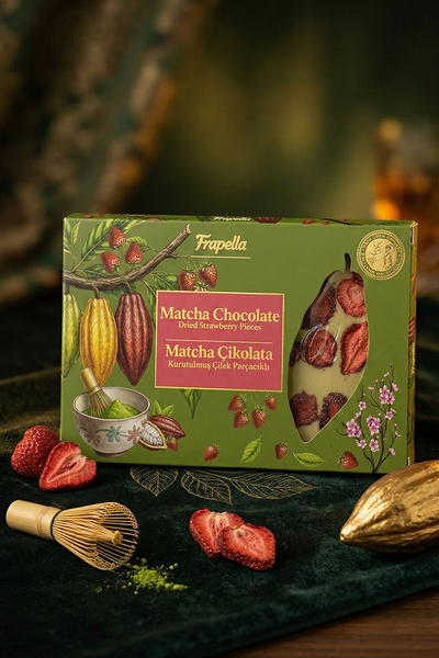 Frapella Kurutulmuş Çilek Parçacıklı Matcha Çikolata 150 Gr.