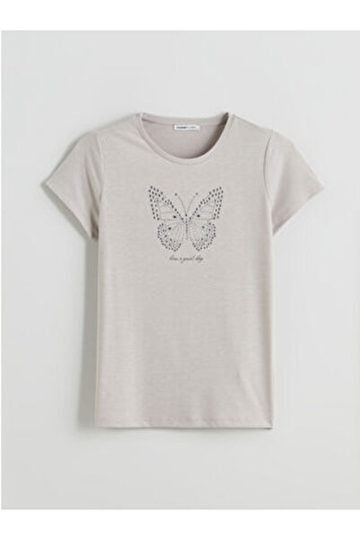 LC Waikiki Modanova Sezon Gray Crew Neck Embroidered Women's T-Shirt