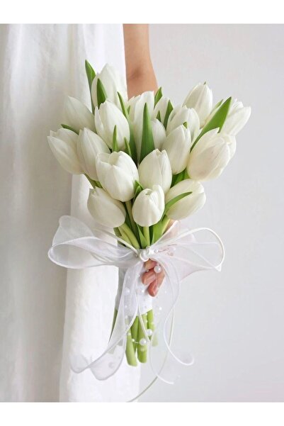 ledison Yapay 8 Li Islak Lale Buketi Gerçeksi Doku Beyaz Tek Yaprak