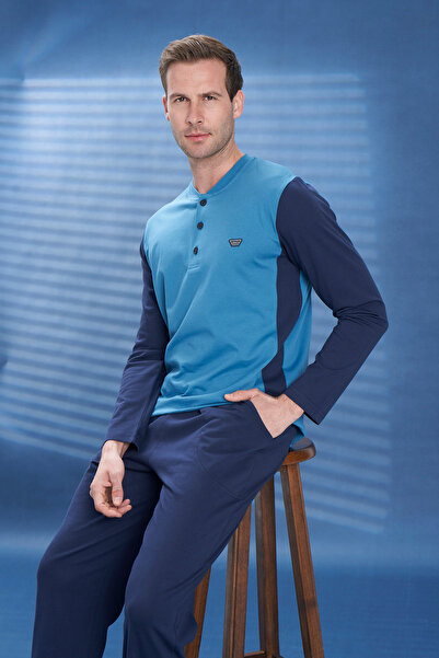 REMSA طقم بيجامة رجالي من القطن الممشط بتفاصيل نصف زر وأكمام طويلة 2121 Petrol04