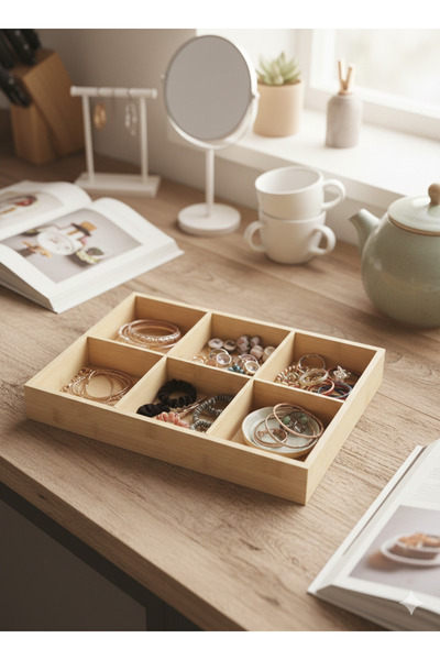Selenica Bambu 6 Bölmeli Çok Amaçlı Organizer - Takı, Makyaj ve Çay Kutusu Dü...
