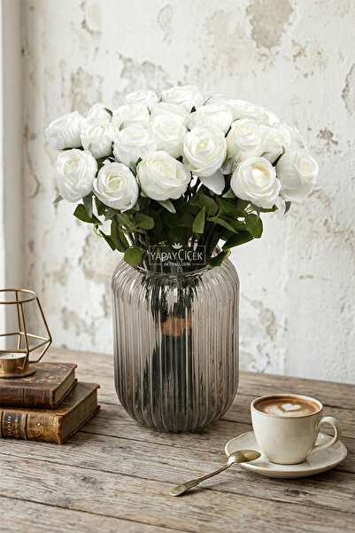 Yapay Çiçek Deposu Yapay Çiçek 9'lu Kibar Lüx Gonca Gül Dalı Demeti 35 cm Beyaz