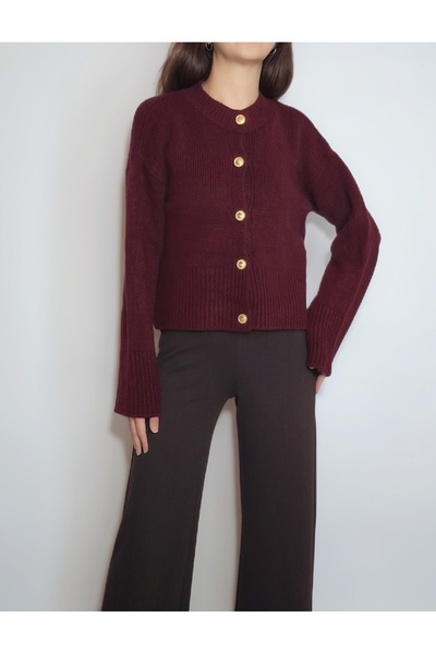 oyagüler Women's Burgundy Gold Buttoned O-Neck Cardigan Yy101335