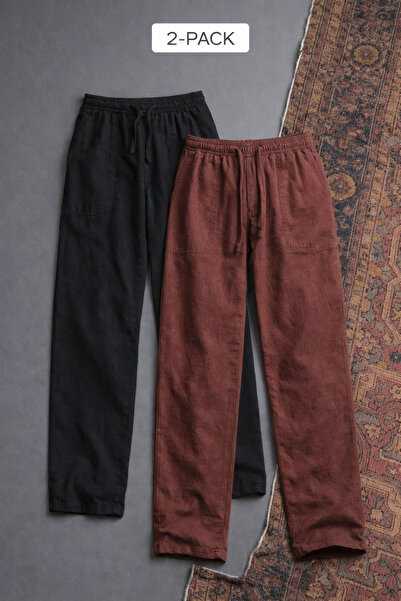 COMBİNE MİCHAİL Men's Elastic Waist Casual 2 Li Linen Trousers