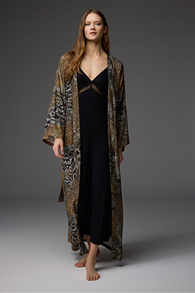 BONJOUR MADAME Viskon Desenli Sabahlık Dantelli Askılı Gecelik Takım BM-1851