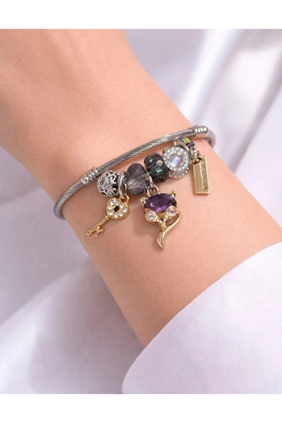 ValoriaHome Gümüş Renk Charm Bileklik – Mor Taşlı Tilki ve Anahtar Figürlü Ka...