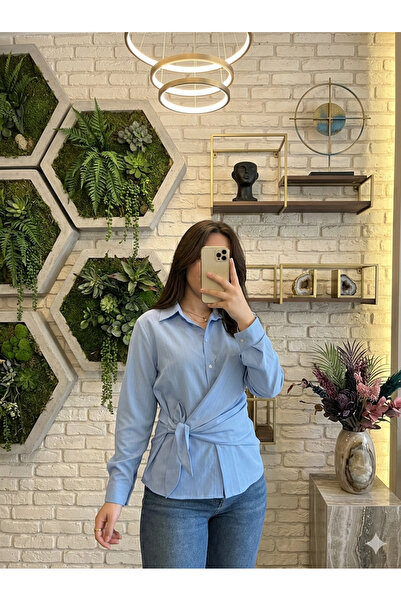 EFTELYABUTİK Kadın yandan bağlama detaylı çizgili gömlek
