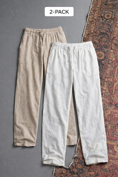 COMBİNE MİCHAİL Men's Elastic Waist Casual 2 Li Linen Trousers