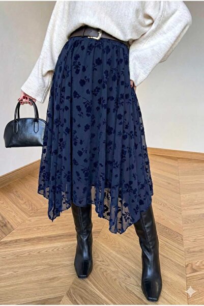 UZER Flok Baskılı Asimetrik Kesim yeni sezon midi boy Tül Etek