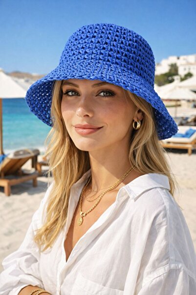 MARBERRY أزرق بلون الكوبالت قبعة نسائية زرقاء محبوكة يدويًا من القش