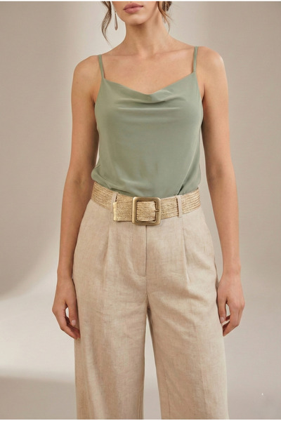 peralist Women's Green Adjustable Strap Collar Drapey Sandy Fabric Blouse