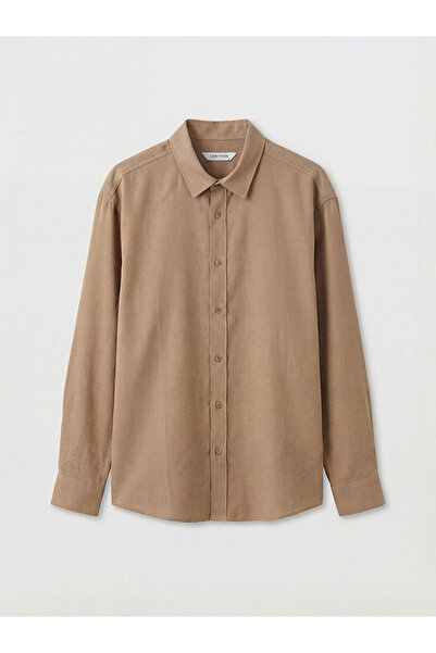 LC Waikiki Ανδρικό πουκάμισο με λινή όψη σε κανονική εφαρμογή καφέ χρώματος α...